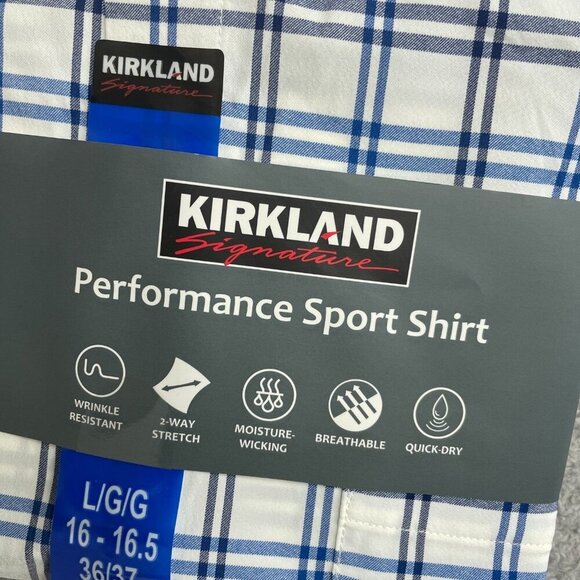 NEW Kirkland Signature Men's L Performance Sport Dress Shirt Blue/White Plaid - Picture 4 of 8
